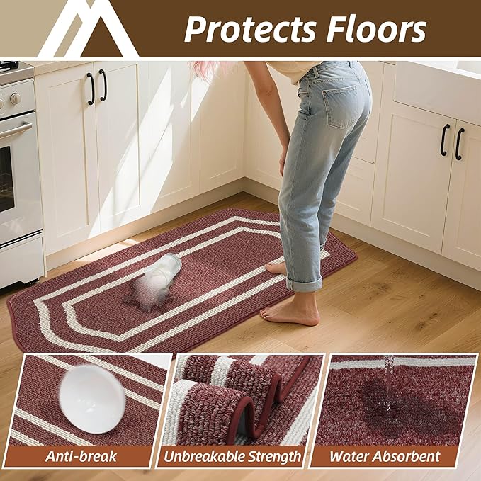 COSY HOMEER Long Kitchen Floor Mats for in Front of Sink Super Absorbent Kitchen Rugs and Mats 24"x59" Non-Skid Kitchen Mat Standing Mat Washable,Polypropylene,Red,Frame