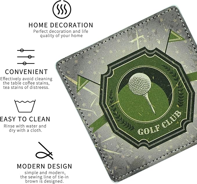 Marble Coasters Square Leather Drinks Coaster Set with Holder for Coffee Table Bar Home Decor 4 Inches Set of 6 (Golf, One Size)