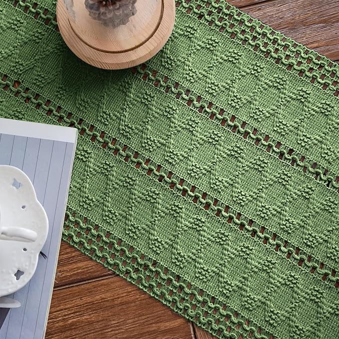 Alynsehom Macrame Table Runner Green Boho Table Runners with Tassels Hand Woven Cotton Table Runner Rustic Farmhouse Table Runners for Bohemian Kitchen Dining Table(12x48in)