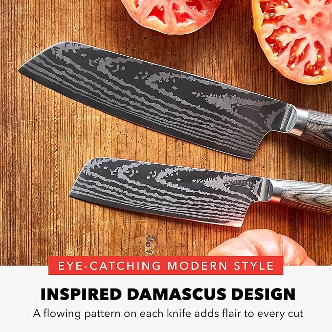 GreenPan x Bobby Flay 5” & 7” Santoku Knife Set, Premium Stainless Steel Blades, Precision Cutting Kitchen Tools, Ultra-Sharp Cutlery, Hand Finished Ergonomic Wood Handle, Damascus Steel Design