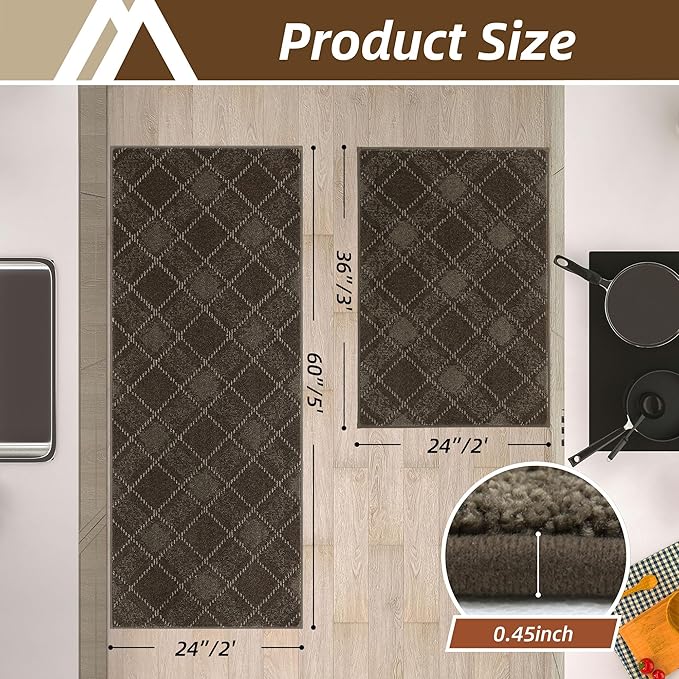 COSY HOMEER Kitchen Rugs and Mats Sets 2PCS Non-Slip Soft Kitchen Mats for Floor Absorbent and Stain Resistant Kitchen Floor Mat Washable Plaid Rugs for Kitchen,24"x36"+24"x60",Brown