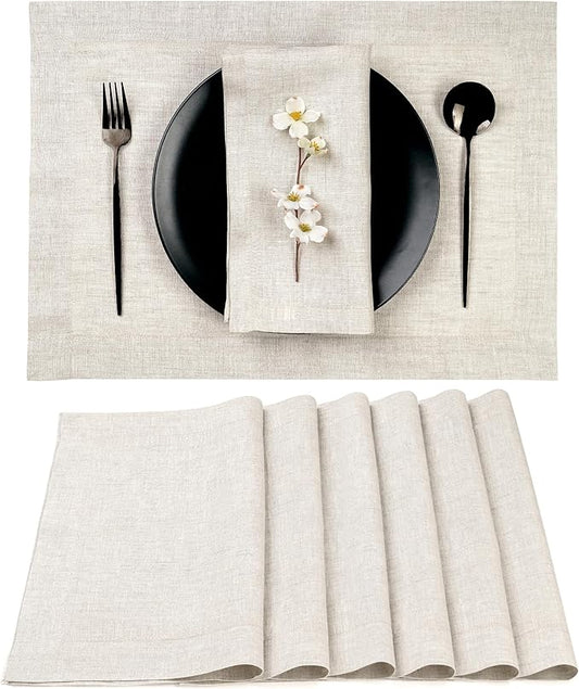 D'Moksha Homes Linen Placemats 14 x 19 Inch - Light Natural Placemats Set of 6-100% Pure Linen Table Place Mats for Valentines, Spring, Easter - Handcrafted and Machine Washable