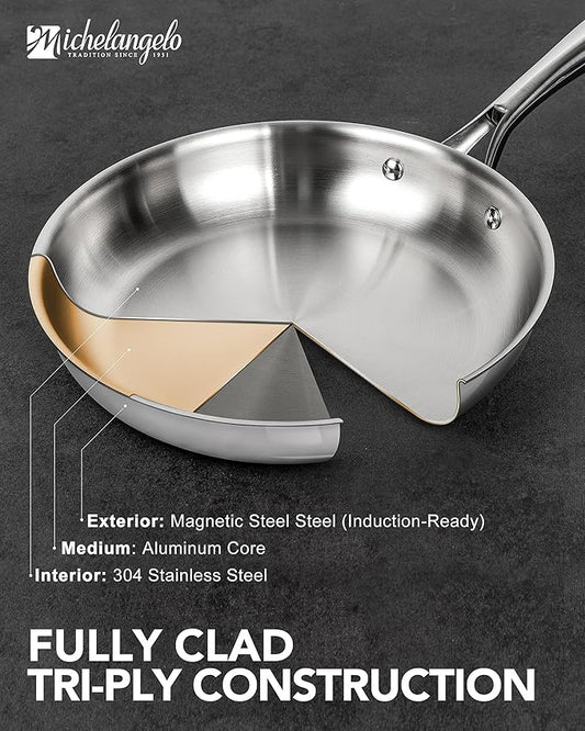 MICHELANGELO Tri-Ply Stainless Steel Frying Pan Set, 8" 9.5" 11" Skillets, Full Clad Stainless Steel Pans for Even Heating, Durable Cooking Pan Set for Home Chefs & Everyday Cooking