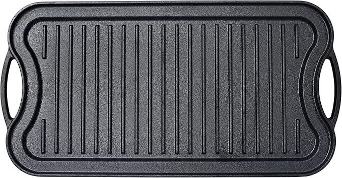 LuckyNote Pre-Seasoned Cast Iron Reversible Rectangular Grill/Griddle, Black,20inch x 10inch reversible design, offering a grilling surface on one side and a griddle on the other