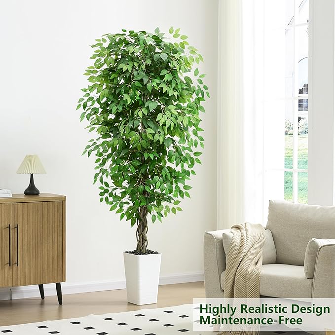 Artificial Ficus Tree 6FT Faux Plants Indoor Tall Fake Plants with White Planter, Green Lifelike Lush Fake Ficus Tree for Home Living Room Bedroom Outdoor Balcony House Office Decor