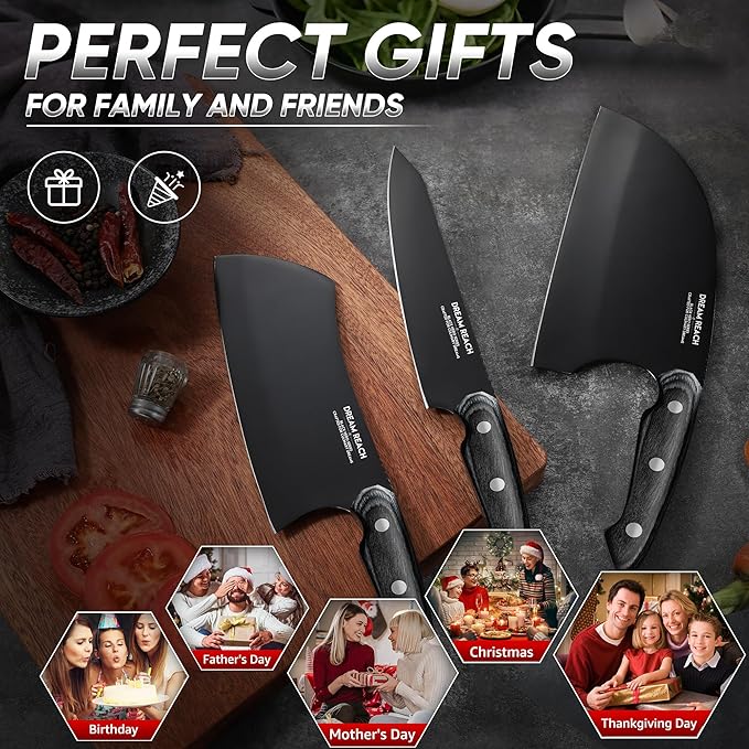 Dream Reach Butcher Knife Set - 3PCS Black Cleaver Knives Kit for Meat Cutting BBQ Outdoor Hand Forged Serbian Chef Cleaver for Mother Father Gift Idea