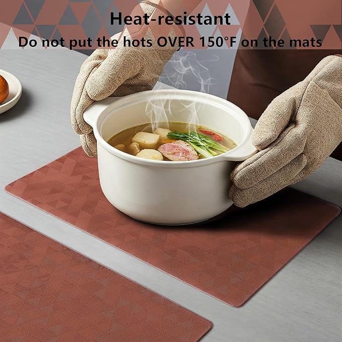 Jovono Faux Leather Placemats Set of 6, 17.8"x11.8", Waterproof & Oil-Proof Table Mats, Easy-Clean Washable Kitchen Place Mats for Dining Table, Fabric Texture, Brown Mat