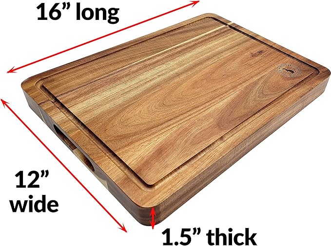 Acacia Wood 16 x 12 x 1.5 inch Thick (40.5 x 30.5 x 4cm) Extra-Large Cutting Board Juice Groove Hand Grips Dark Edge Grain Wooden Butcher Block Chopping Cheese Plate Server Deluxe Birthday Gift