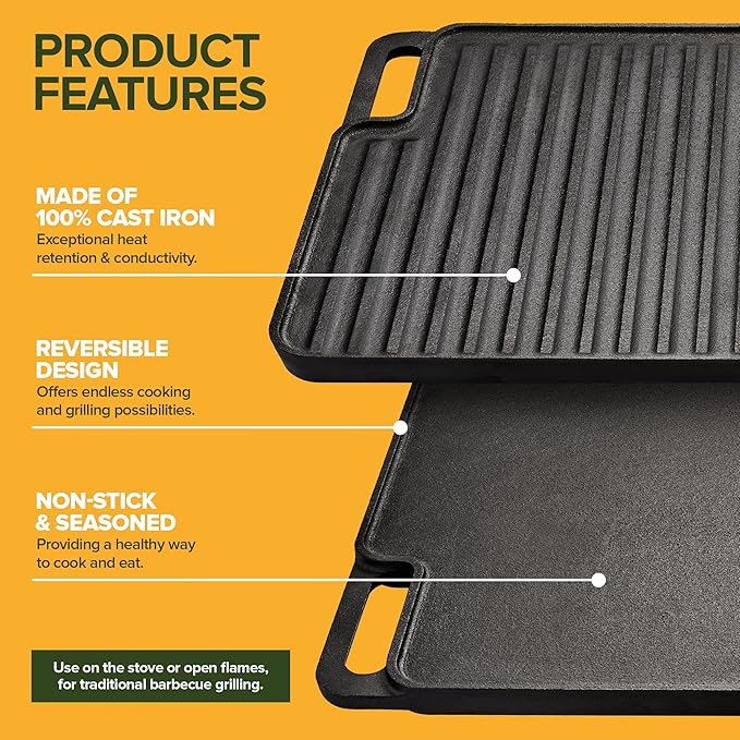 Cast Iron Griddle/Grill Reversible Combo Set + Protective Mitts, Grill Press & Scraper- Pre-seasoned Indoor & Outdoor gas Stove Griddle- Stovetop, Camping or Home Cooking Non-Stick Griddle Pan