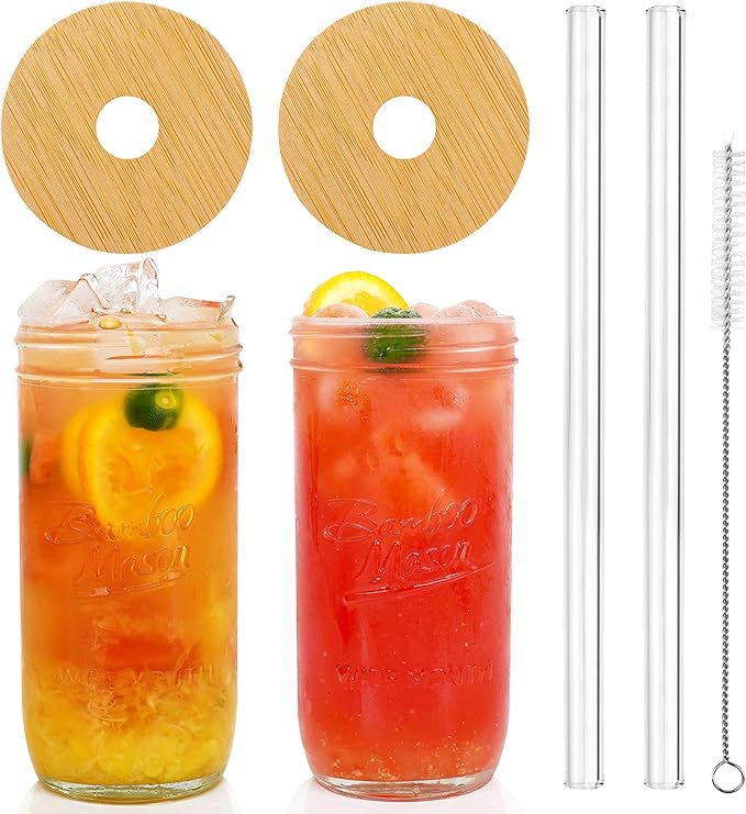 ANOTION Mason Jar with Lid and Straw, 24oz Wide Mouth Cup Reusable Drinking Glasses Tumbler Smoothie Water Bottles for Iced Coffee Margaritas Ice Cream Juice Cocktail Travel Office Home, 2 Packs