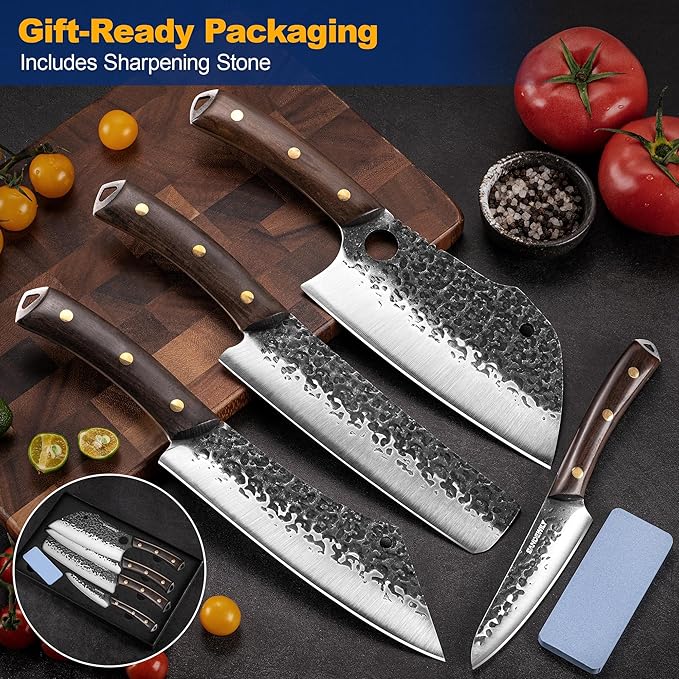 4-Piece Butcher Knife Set with 7” Cleaver, 8” Chef Knife, 8” Nakiri & 5” Utility Knife – Hand Forged Full Tang Kitchen Knives with Sharpening Stone for BBQ, Meat, Veggies & Outdoor Cooking
