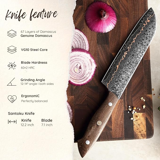 Wakoli Kawa Santoku Knife, 7.1-Inch Blade Damascus Chef Knife | 67-Layer Damascus Steel with VG10 Core | Copper Inlay | Maple Stabilized Wood Handle | Professional Kitchen Knife