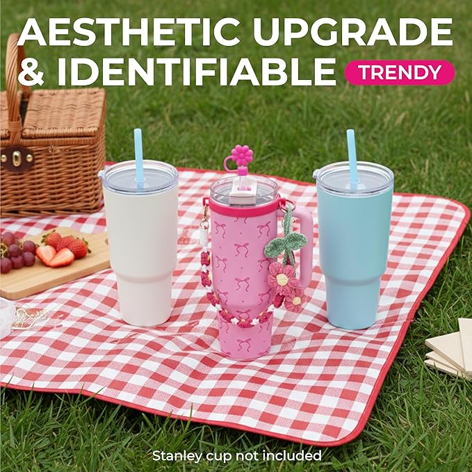 Stanley Cup Accessories Set for 40/30 oz Tumbler, Including Handle Strap, Silicone Straw Topper Cover, Charm, Original Bows Decal Sticker, Cute Birthday Gifts for Women Her Mom Daughter