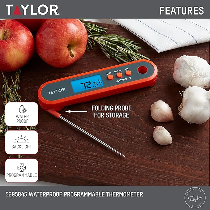Taylor Digital Waterproof Kitchen Food and Meat Thermometer, with a Folding Probe, Programmable Presets, Backlit Display for Oven, Grilling, Smoker & BBQ - Includes 2 AAA Batteries
