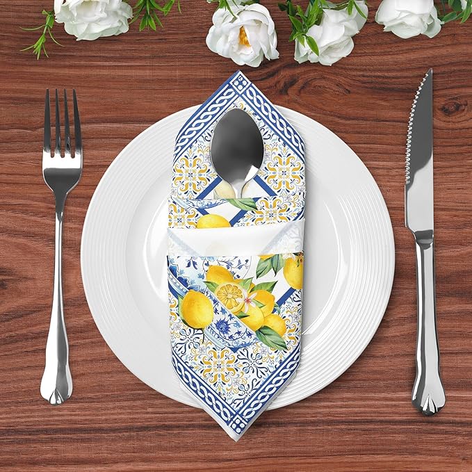 Lemon Napkins, 18×18 Inch Yellow Blue Dinner Cloth Napkins Set of 4, Washable Cotton Soft Absorbent Square Napkins for Dining Kitchen Party Wedding Decoration