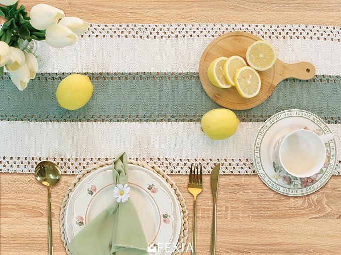 FEXIA Sage Green Table Runner 72 Inches Long with Tassels Boho for Easter Decor Macrame Farmhouse Table Runners for Home Decor Party Bohemian Rustic Bridal Shower Dining Decorations(12x72 Inches)