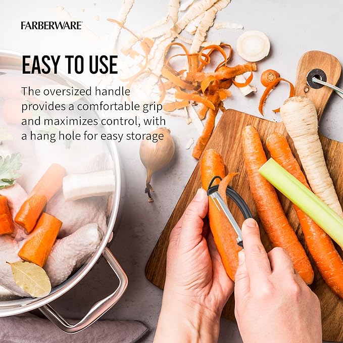 Farberware Euro Peeler, a Kitchen Essential for Quick and Easy Peeling of Produce, Chocolate, Cheeses and More. Features Hang-Hole for Easy Storage, Dishwasher Safe, Black