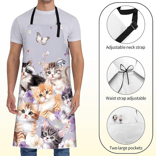 Cute Cat Apron for Women with Butterfly,28x33in,Kitten Animal Kitchen Aprons with 2 Pockets,Oxford Fabric,Playful Adjustable Apron for Cooking Baking Gardening Chef,Gifts for Mom Wife