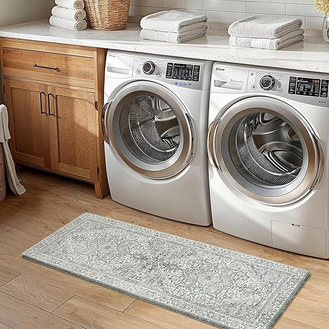 GENIMO Kitchen Mats for Floor, 2PCS Kitchen Rugs Non Slip Washable, Waterproof Anti Fatigue Mat, Comfort Standing Runner Rug for Sink, Office, Laundry, Home, 17.3"x47"+17.3"x30", LightGrey