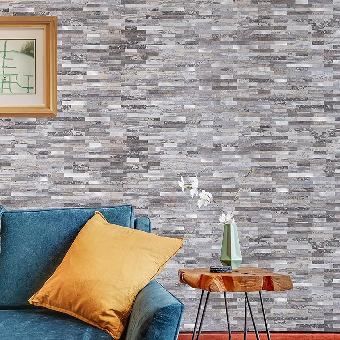 2 Sheets Peel and Stick Backsplash, Distressed Wood with Metal Silver Self Adhesive Wall Tiles Upgrade Your Kitchen Backsplash, RV, Fireplace
