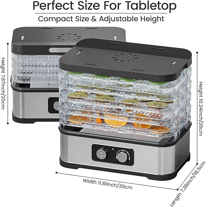 Food Dehydrator Machine for Jerky, 5 Stackable BPA-Free Trays with Temperature Control, 250W Small Dehydrator for Fruit, Beef and Deer Jerky, Mushroom, Herbs, Recipe Included, 72H Max