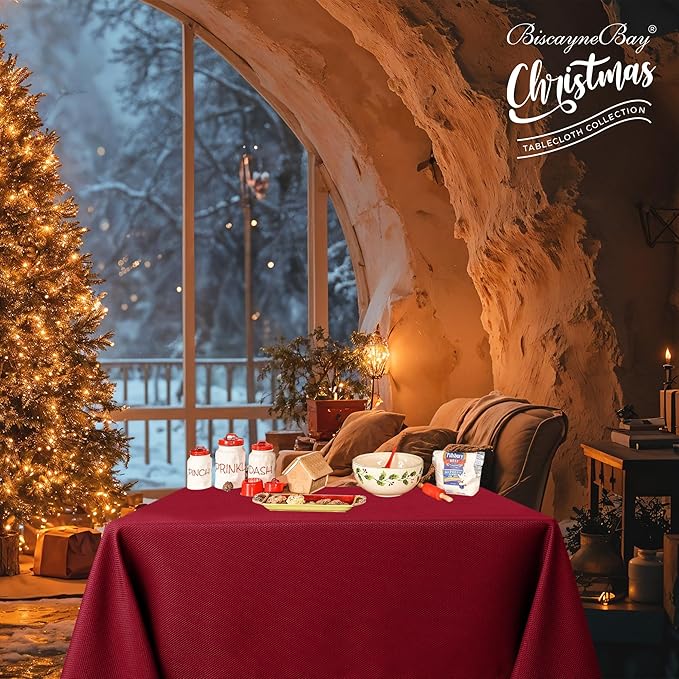 Biscaynebay Textured Fabric Christmas Square Tablecloths 54x54 Inches, Red Water Resistant Spill Proof Tablecloths for Dining, Kitchen, Wedding and Parties, Machine Washable