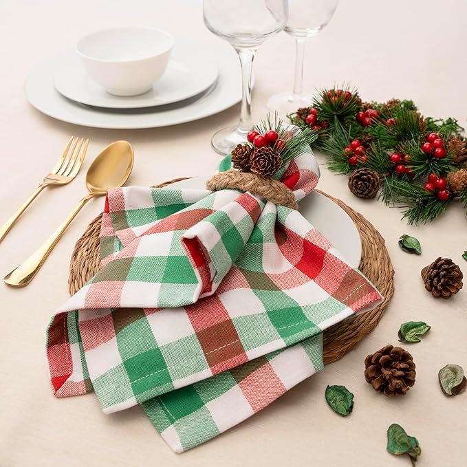Blue Needles Gingham Buffalo Plaid Cloth Napkins 100% Cotton Set of 12 Dinner Table Christmas Napkins 18x18 inch Soft, Reusable, Washable for Parties & Everyday Use - Christmas White, Red & Green