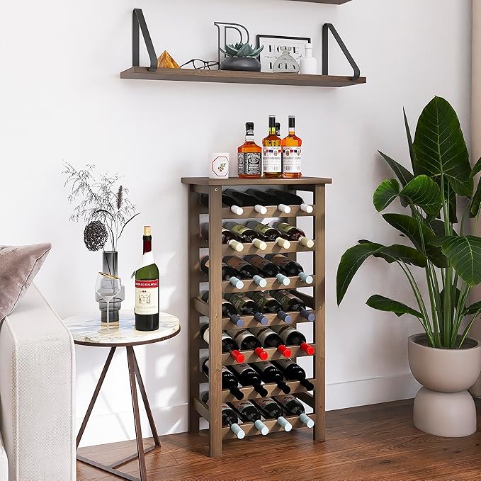 SMIBUY Bamboo Wine Rack, 28 Bottles Display Holder with Table Top, 7-Tier Free Standing Storage Shelves for Kitchen, Pantry, Cellar, Bar (Walnut)