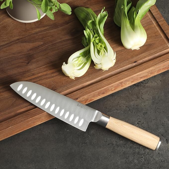 Babish 6.5-Inch Santoku Knife – High-Carbon 1.4116 German Steel Kitchen Knife with Light Pakka Wood Handle, Full-Tang Razor Sharp Blade for Chopping, Slicing, Dicing & Precision Prep