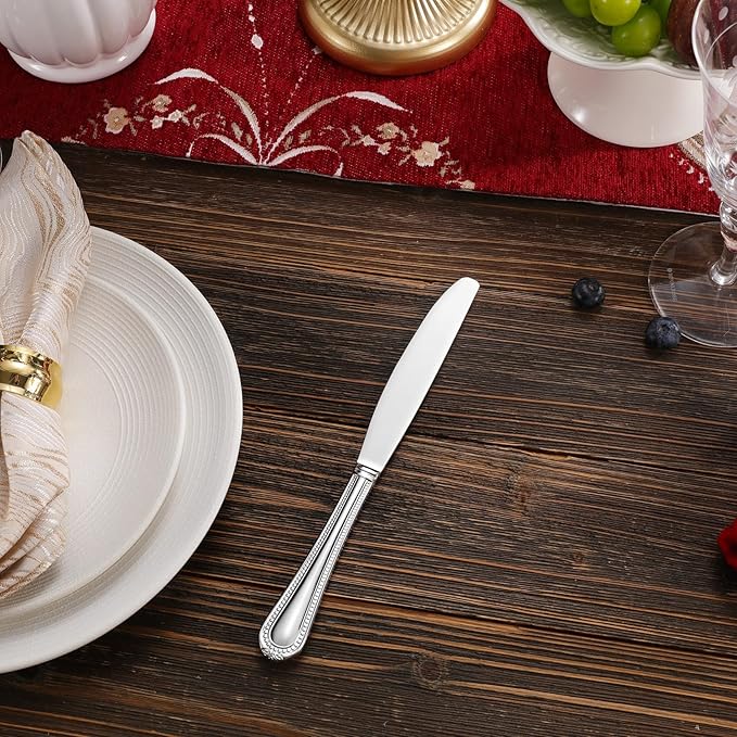 KEAWELL Pearl Edge 4-Piece Premium Dinner Knives: Stainless Steel Table Knives with a Refined Bead Design, Brightly Polished, 9.6 Inches, Dishwasher Safe. (Silver)