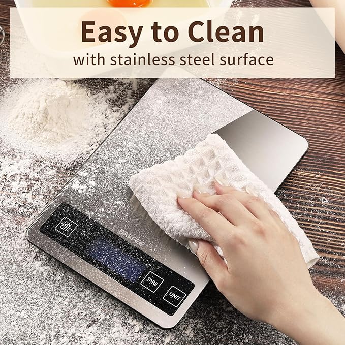 BakFee Food Scale, 15kg/33lb Digital Kitchen Scale with Stainless Steel & Tempered Glass, 1g / 0.05oz Precise Graduation, Waterproof and Sturdy Surface, for Cooking, Baking, Weight Loss, Meal Prep
