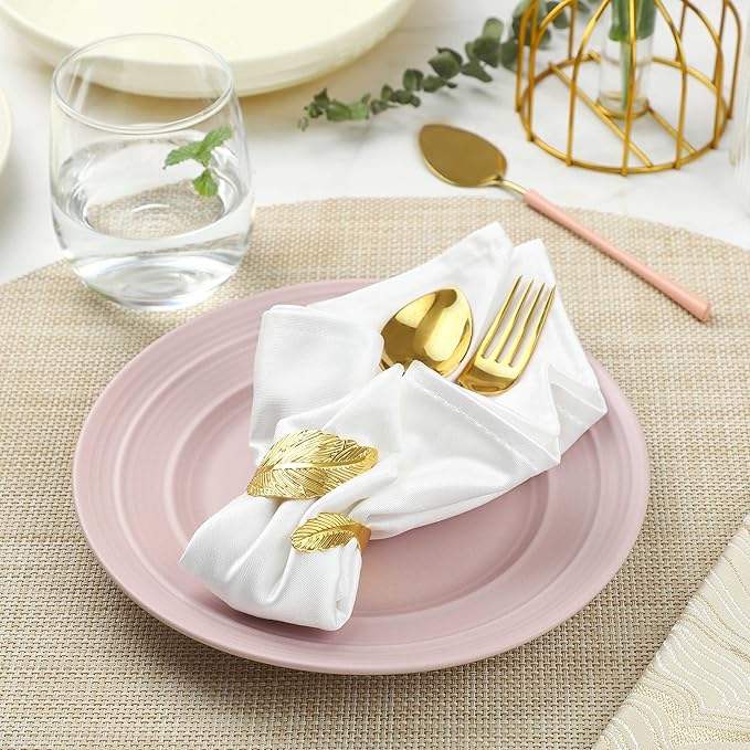 Napkin Rings Set of 24, Shiny Gold Napkin Rings, Smooth, Easy Care, Solid Metal Laurel Leaf Shaped Elegant Table Decor, Stylish Napkin Ring Bulk for Holidays Wedding, Party, New Homes Gift