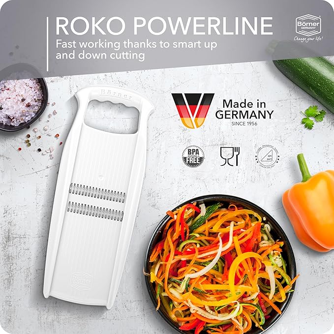 Börner by Reston Lloyd Roko PowerLine • Short & Long Vegetable Strips/Noodles & Safety Food Holder • Made in Germany, White