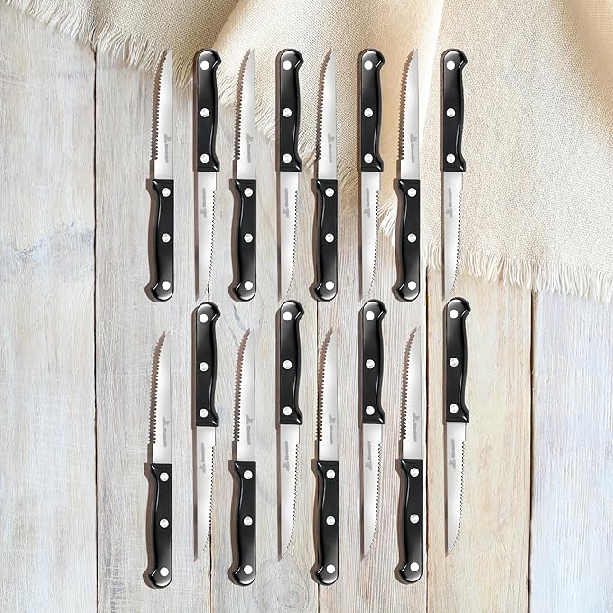 Upgraded Steak Knives Set of 16, Uncoated Stainless Steel Serrated Steak Knife Set, 4.5 Inch Steak Knife with Ergonomic Handle and Sharp Blades, Dishwasher Safe Dinner Knives for Kitchen, Restaurant