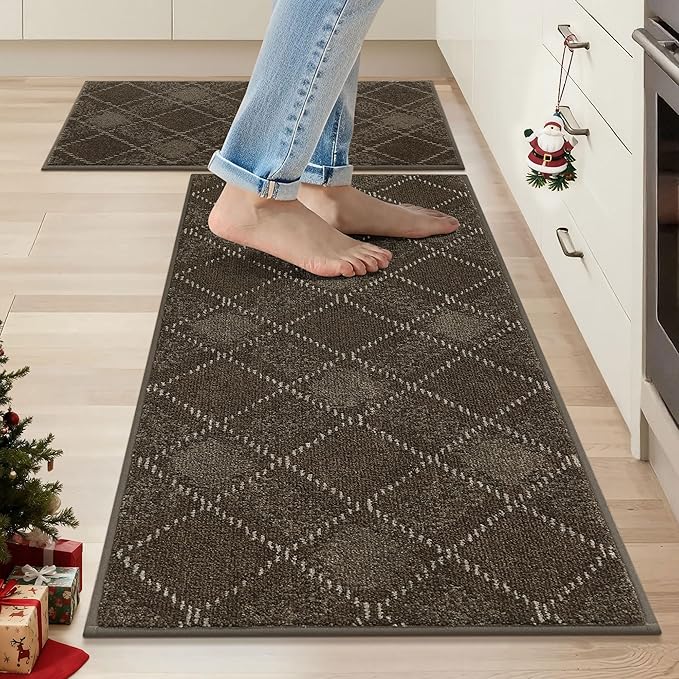 COSY HOMEER Kitchen Rugs and Mats Sets 2PCS Non-Slip Soft Kitchen Mats for Floor Absorbent and Stain Resistant Kitchen Floor Mat Washable Plaid Rugs for Kitchen,20"x32"+20"x48",Brown
