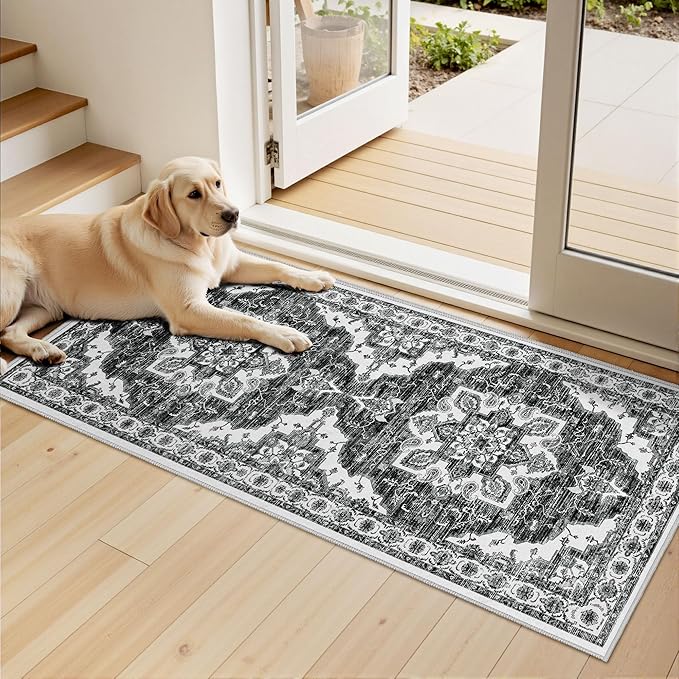 Tritard Non Slip Kitchen Rugs Sets of 3 Washable Kitchen Rug Boho Kitchen Mats for Floor Soft Kitchen Runner Rug Non Skid Kitchen Floor Carpet for Entryway Hallway Laundry Room, Black Grey