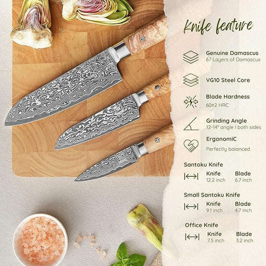 zayiko Kinone Damascus Kitchen Knife Set – 3-Piece Professional Chef Knives | 67 Layers Steel with VG10 Core | Ergonomic Birch Root Wood Handles | Premium Cooking Set in Gift Box