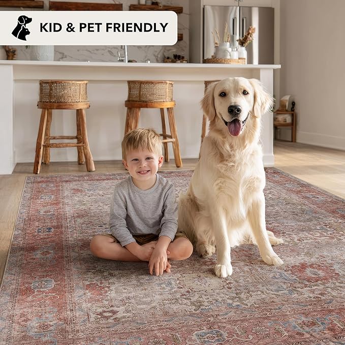 Kuden 2'6"x7' Runner Rug, Machine Washable Area Rug with Non-Slip Backing, Vintage Style, Soft, Easy Clean, Low Pile Rug for Hallway, Entryway, Kitchen, Bedroom