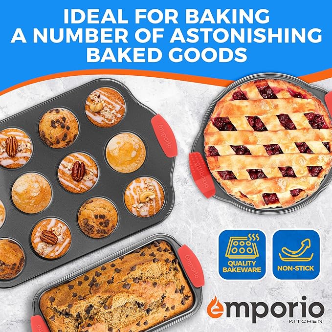Emporio Kitchen Baking Pan Set - Nonstick Coating, Carbon Steel Bakeware Set with Red Silicone Handles, PFOA, PFOS, PTFE Free, Recipe Booklet Included, Oven Safe Tray (Up To 450° F), Set of 8 - Black