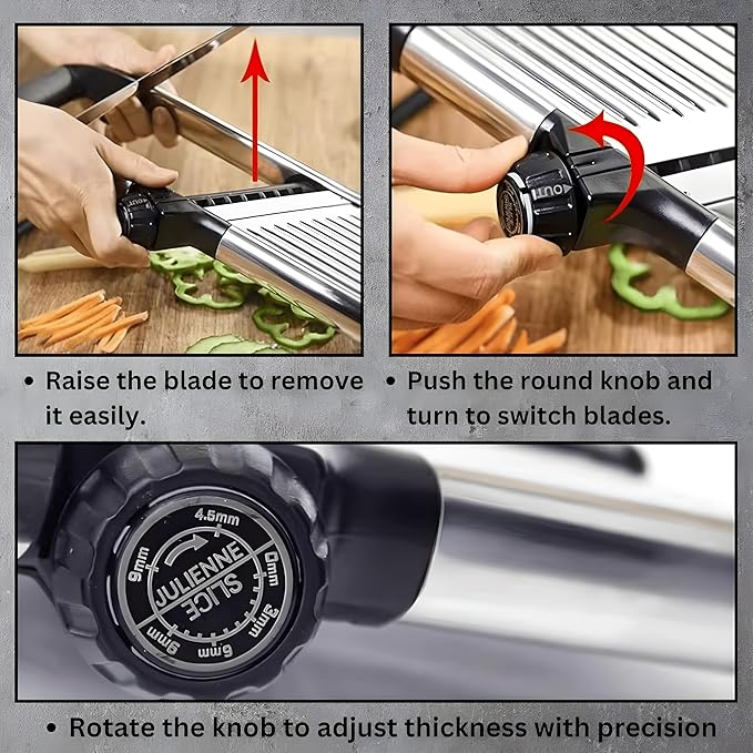 Mandoline Slicer for Kitchen, Adjustable Stainless Steel Vegetable Slicer & Chopper, Safe Mandolin Food Slicer for Potato, Onion, Tomato, Cucumber & Fruit, Julienne Blades with Cut-Resistant Gloves