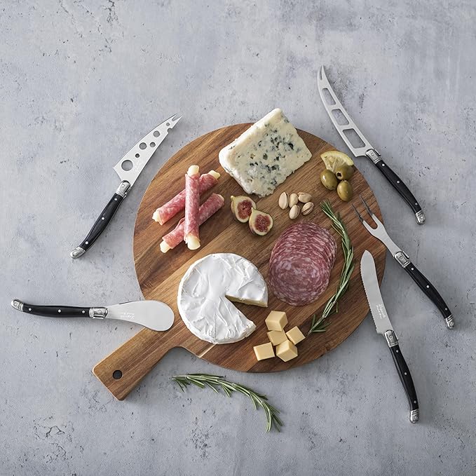 French Home Laguiole 5-Piece Artisan Cheese Knife Set – Versatile Cheese Knives Set with Three-Rivet Black Pakkawood Handles & Iconic Bee Emblem – Sophisticated Charcuterie Board Accessories