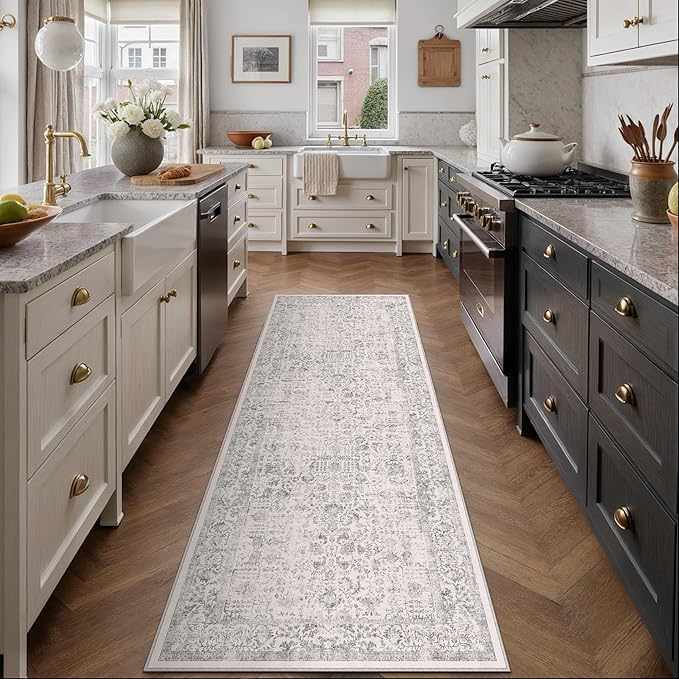 Gray Runner Rug 2x14 Hallway Machine Washable Kitchen Vintage Distressed Non Slip Long Carpet Indoor Grey Retro Floral Bedroom Accent Throw Rug for Bathroom Office Laundry Dining Living Room