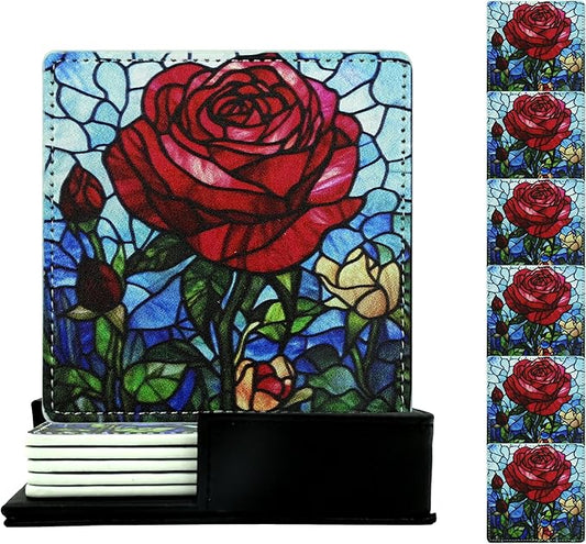 Marble Coasters Square Leather Drinks Coaster Set with Holder for Coffee Table Bar Home Decor 4 Inches Set of 6 (Rose, One Size)