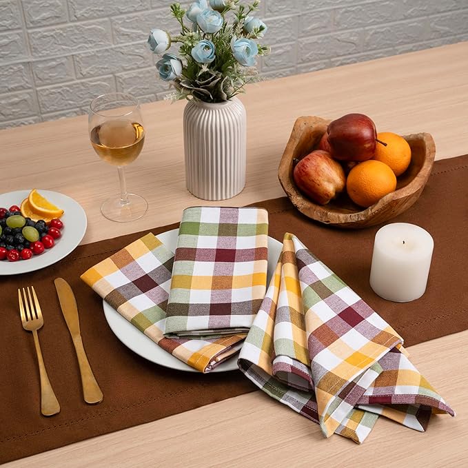 Blue Needles Buffalo Plaid Cloth Napkins - 100% Cotton Set of 12 Harvest Gingham Napkins 18x18 inches - Soft, Reusable, Washable, Ideal for Wedding Parties & Everyday Use - Harvest Checks