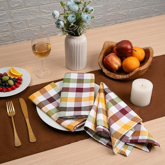 Blue Needles Buffalo Plaid Cloth Napkins - 100% Cotton Set of 12 Harvest Gingham Napkins 18x18 inches - Soft, Reusable, Washable, Ideal for Wedding Parties & Everyday Use - Harvest Checks