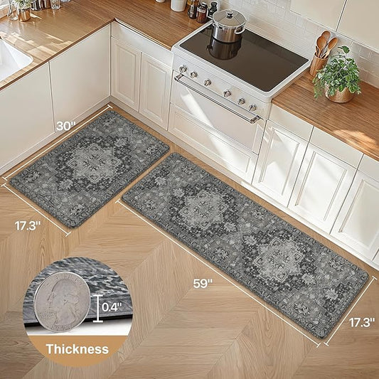GENIMO Kitchen Mats for Floor 2PCs, Washable Anti Fatigue Mat for Cushioned, 17.3"x59"+17.3"x30", Waterproof Kitchen Rugs, Non Slip Comfort Standing Mat Rug for Home, Sink, Laundry, Dark Gray
