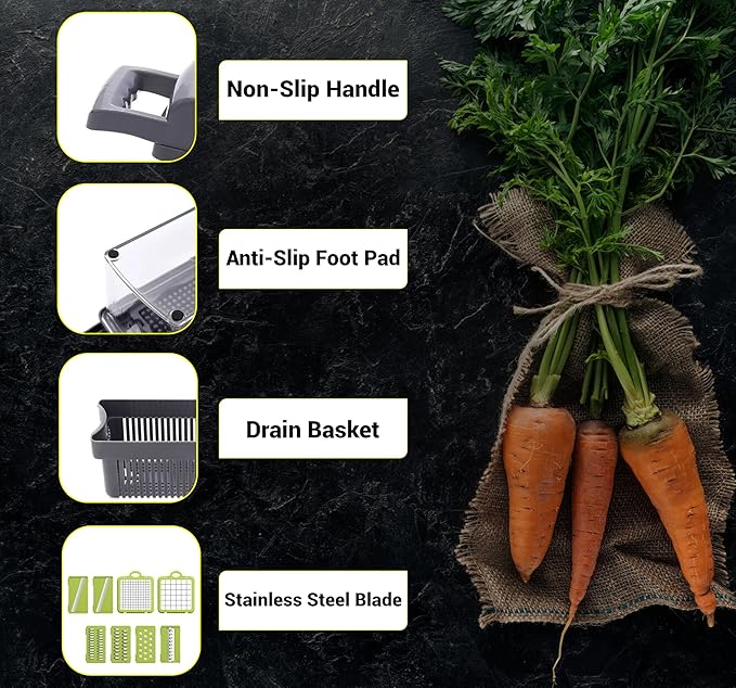 NEEZ Vegetable Chopper 15 in 1 – Multifunctional Mandoline Slicer Dicer, Cutter & Grater for Onion, Potato, Salad & Garlic with Drain Basket Container (Black and Green)