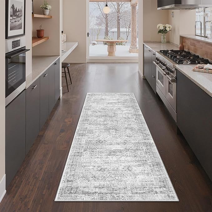 3x6 Runner Rug Non Slip, Thin Entryway Washable Rug for Entryway, Runners for Hallways, Low Pile Vintage Abstract Soft Rugs for Living Room, Kitchen, Bedroom (3'x6', Grey/Ivory)
