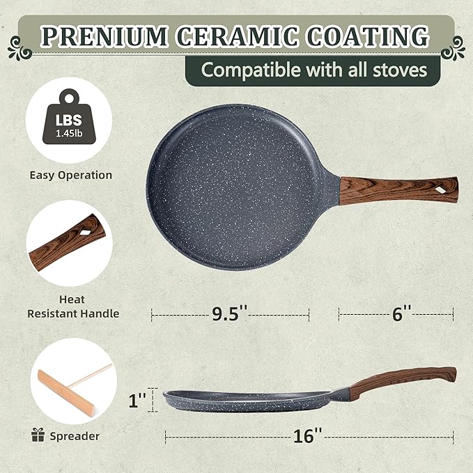 AOSION Nonstick Crepe Pan 9.5 inch,Ceramic Crepe Pan,Dosa Tawa Pan, Ceramic Coated PFOA-Free, Ergonomic Handle, With Pancake Tools, Forged Aluminum Induction Safe