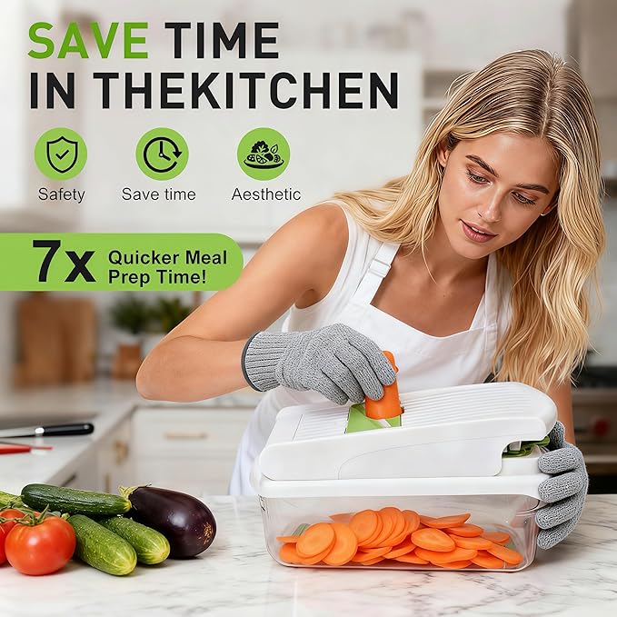 Multifunctional Mandoline Slicer with 7 Blades, Vegetable Chopper Food Cutter with Container, Onion Dicer Potato Grater Salad Prep Tool, Stainless Steel Kitchen Gadgets for Veggie Fruit (White)